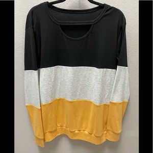 Yellow, light gray, black tunic, keyhole neckline